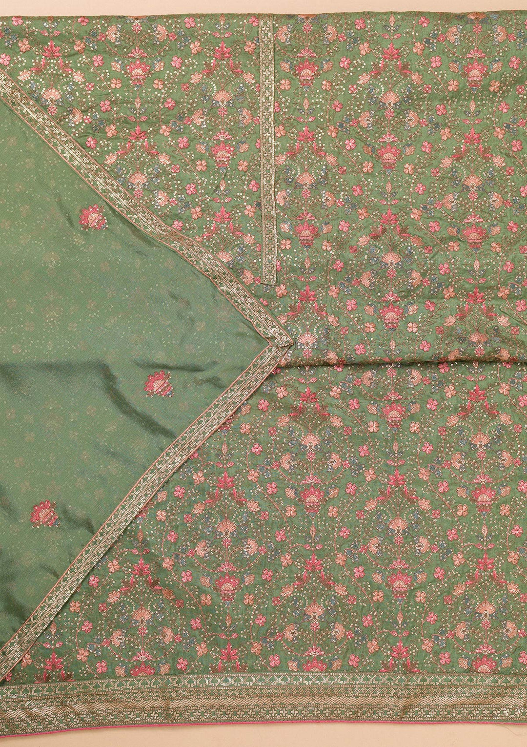 Leaf Green Rayon Threadwork Unstitched Dress Material With Matching Bottom And Dupatta
