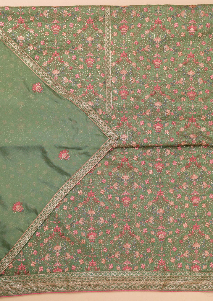 Leaf Green Rayon Threadwork Unstitched Dress Material With Matching Bottom And Dupatta