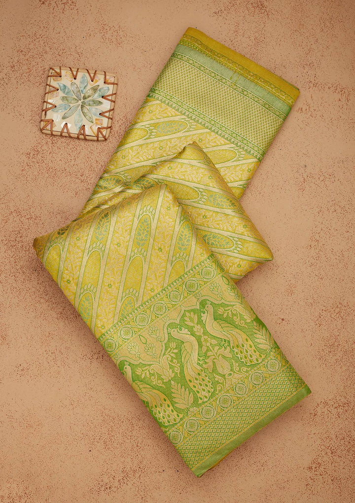 Lemon Yellow Tissue Jaal Gold Zariwork Saree With Matching Blouse Piece