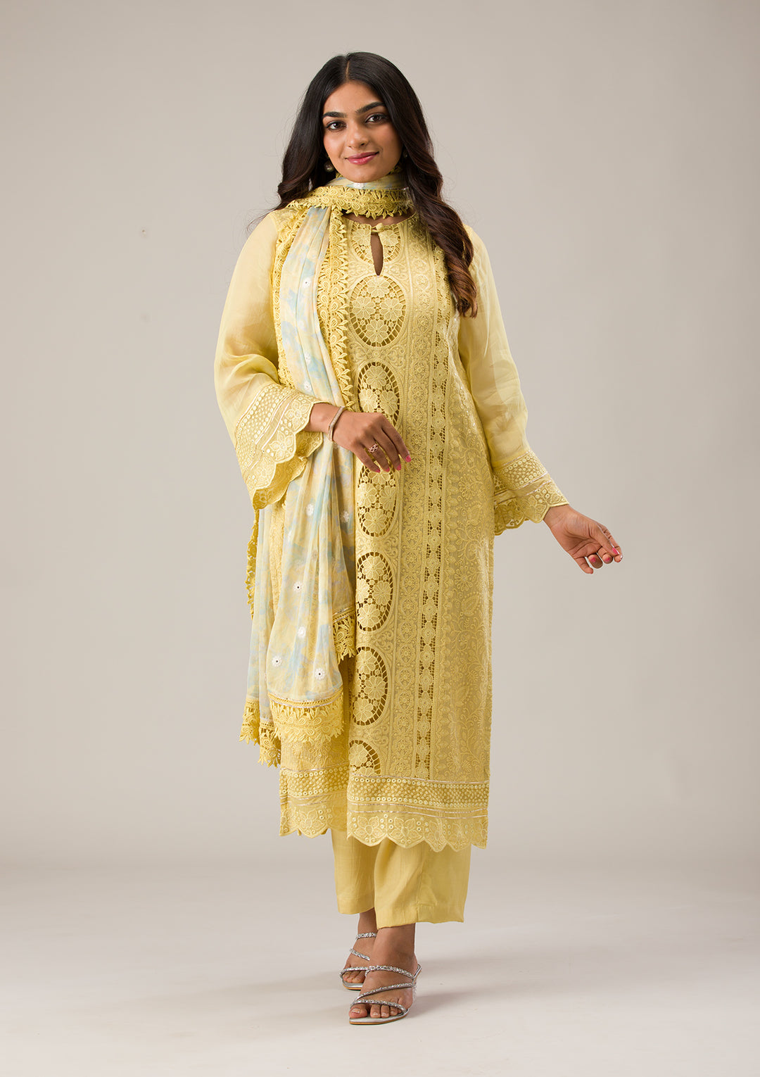 Lemon Yellow Cutwork Georgette Unstitched Salwar Suit