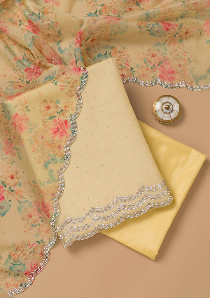 Lemon Yellow Georgette Swarovski Unstitched Dress Material With Matching Bottom And Dupatta