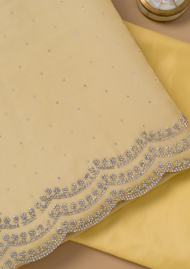Lemon Yellow Georgette Swarovski Unstitched Dress Material With Matching Bottom And Dupatta