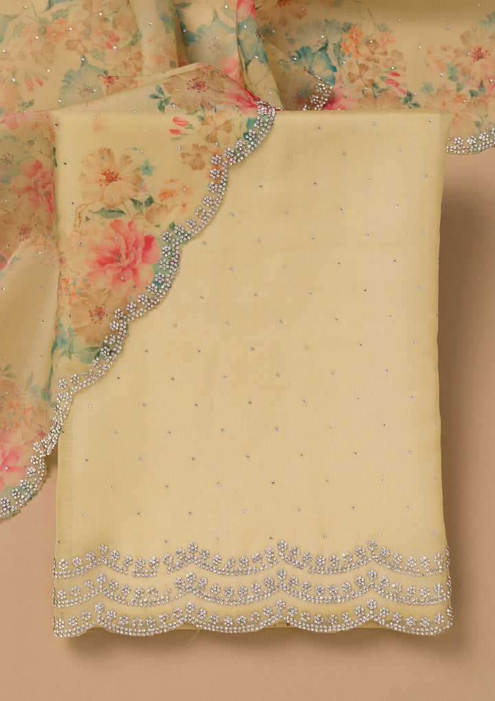 Lemon Yellow Georgette Swarovski Unstitched Dress Material With Matching Bottom And Dupatta