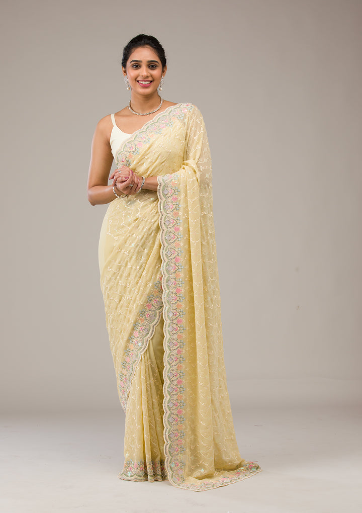 Lemon Yellow Threadwork Tissue Saree