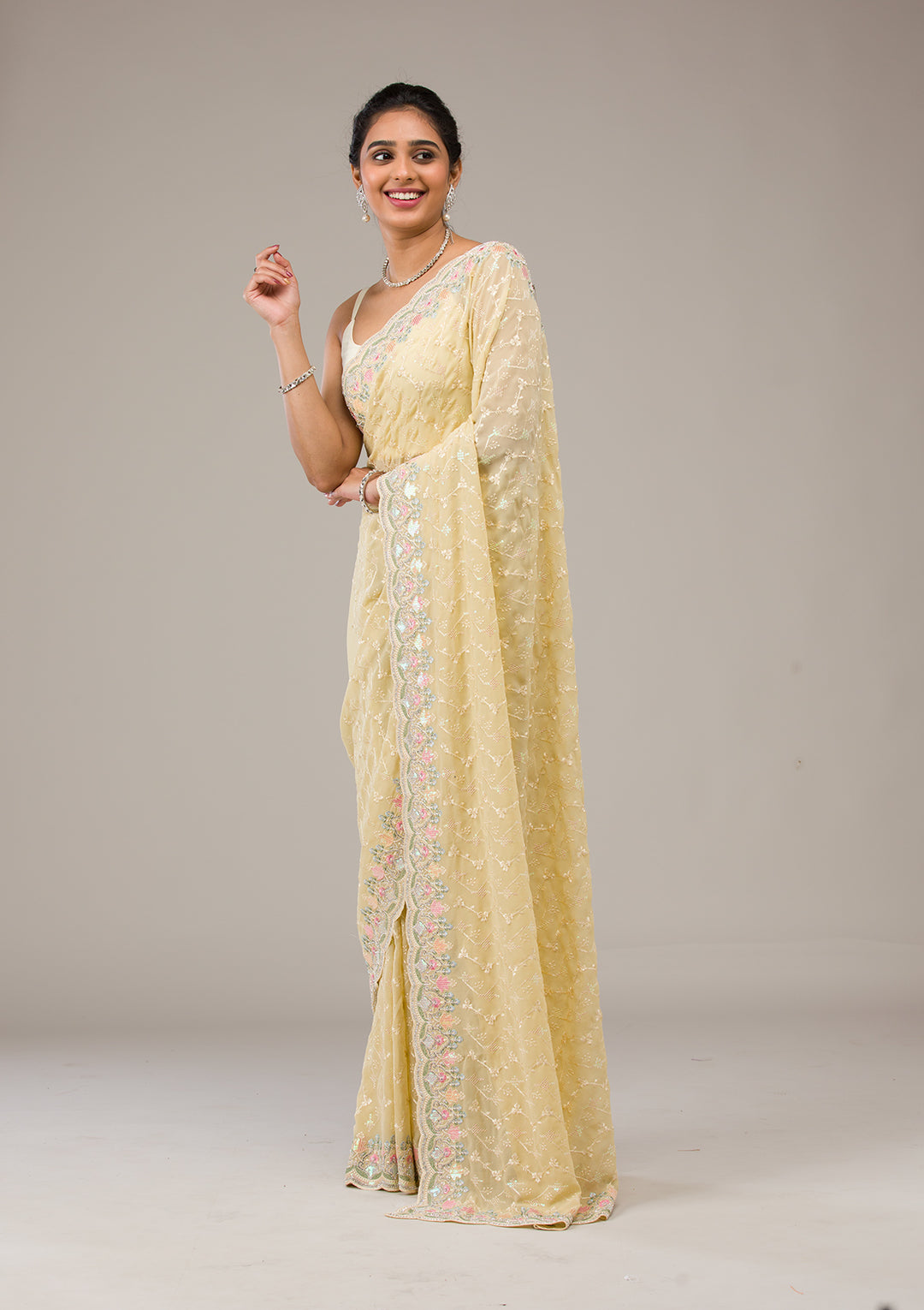 Lemon Yellow Threadwork Tissue Saree