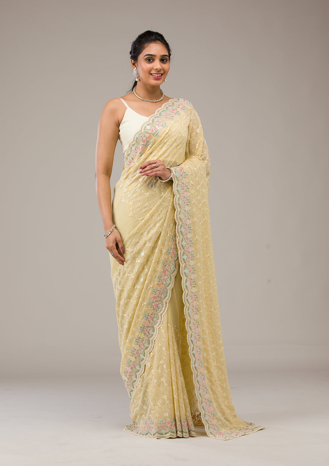 Lemon Yellow Threadwork Tissue Saree