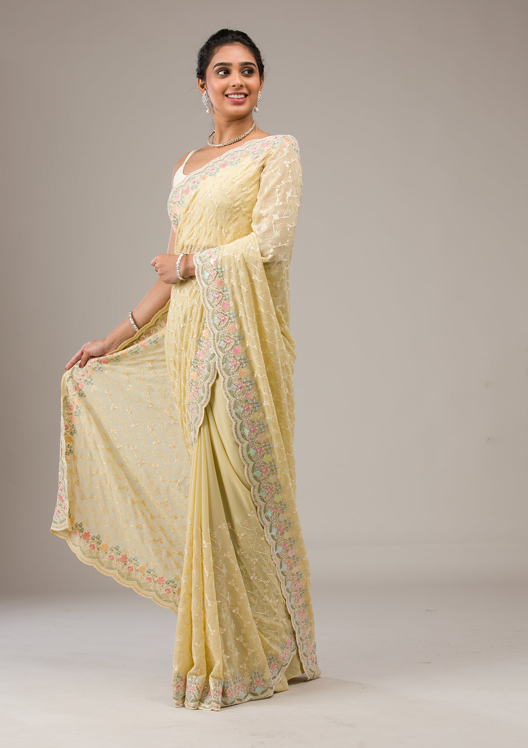 Lemon Yellow Threadwork Tissue Saree