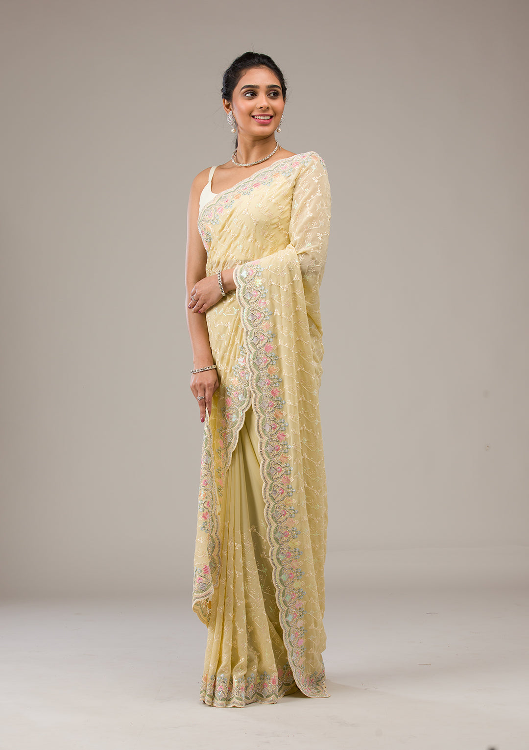 Lemon Yellow Threadwork Tissue Saree