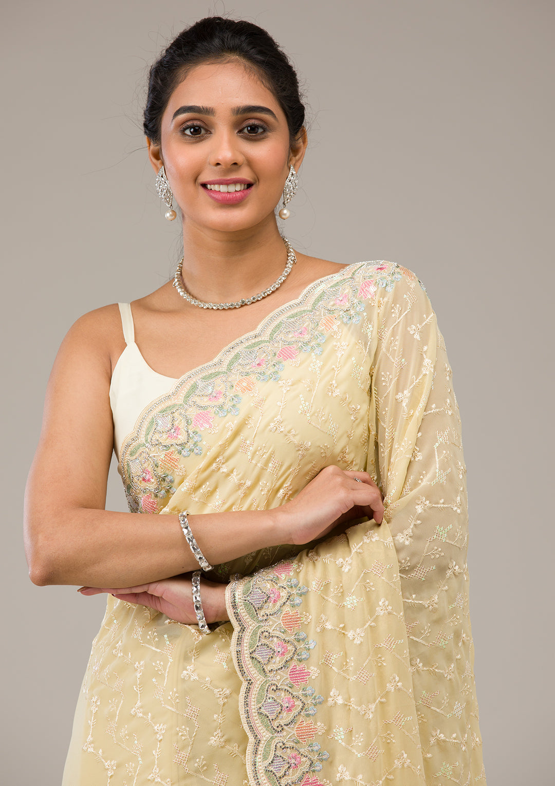 Lemon Yellow Threadwork Tissue Saree