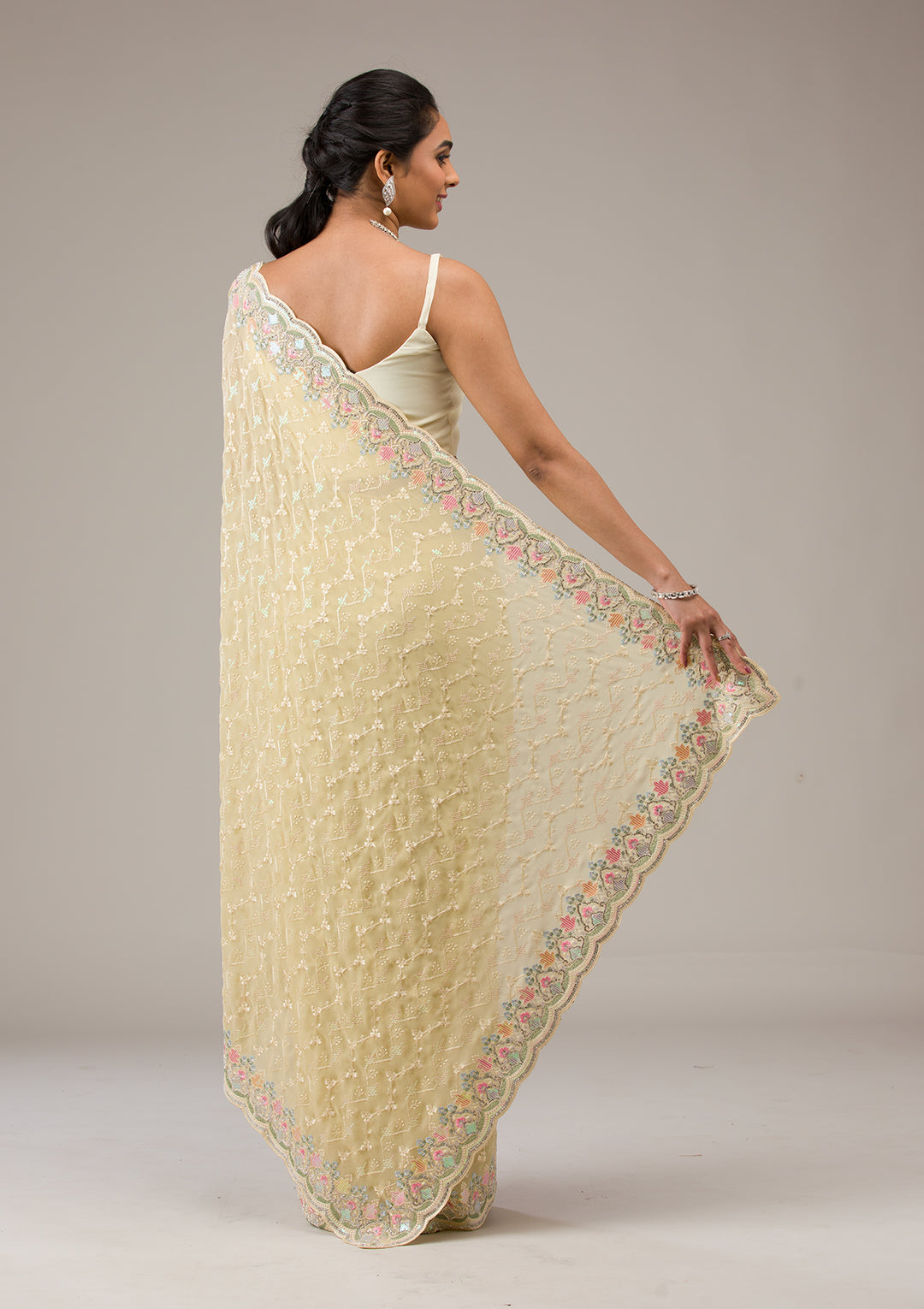 Lemon Yellow Threadwork Tissue Saree