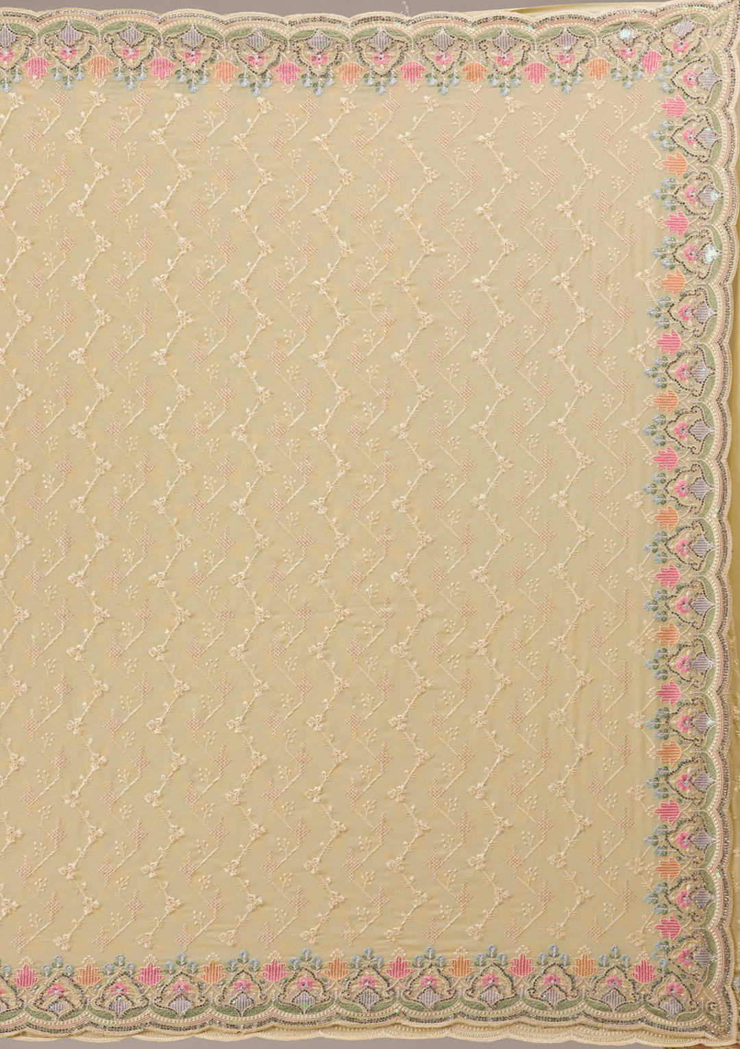Lemon Yellow Threadwork Tissue Saree