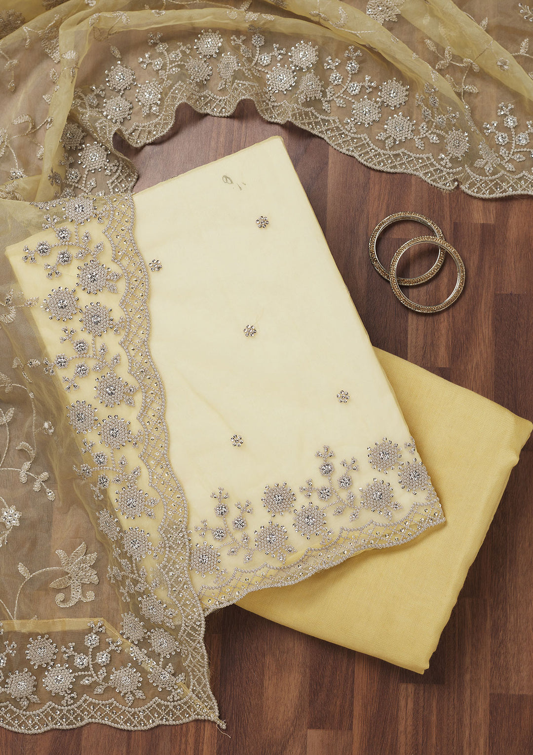 Lemon Yellow Tissue Threadwork Unstitched Dress Material With Matching Bottom And Dupatta