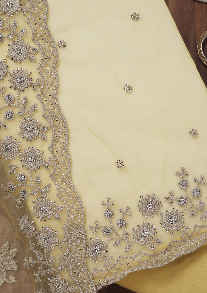 Lemon Yellow Tissue Threadwork Unstitched Dress Material With Matching Bottom And Dupatta