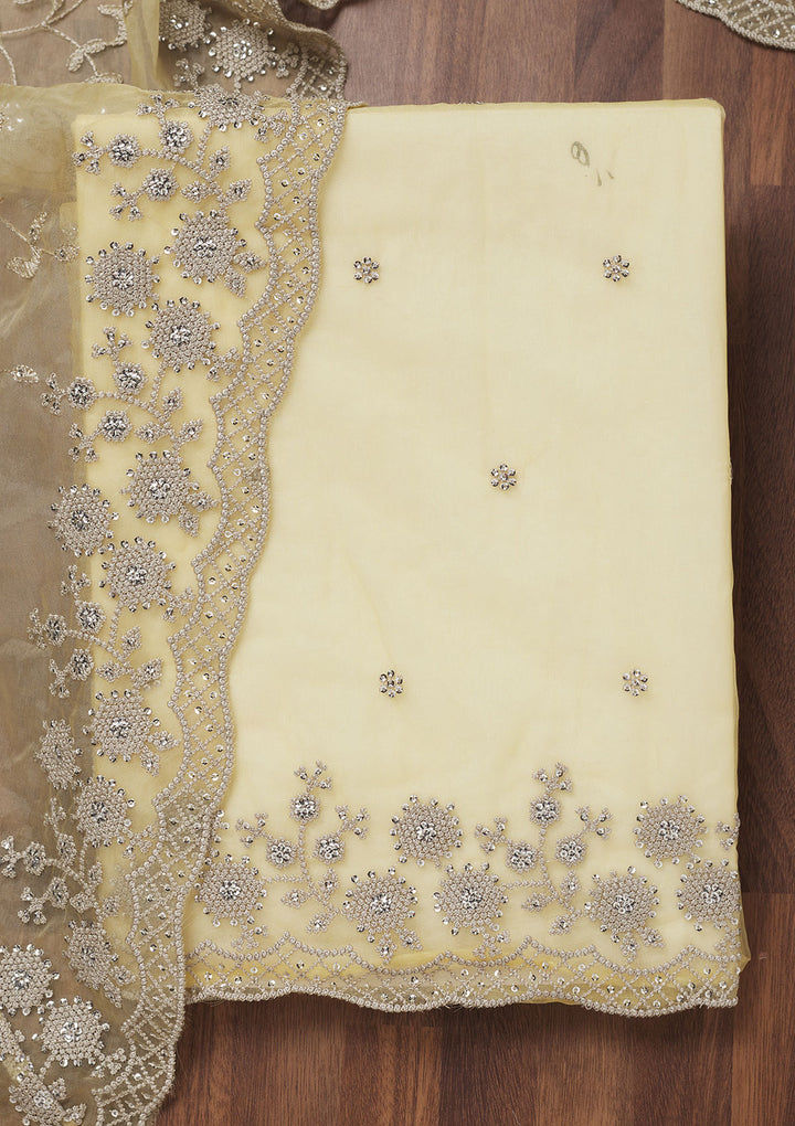 Lemon Yellow Tissue Threadwork Unstitched Dress Material With Matching Bottom And Dupatta