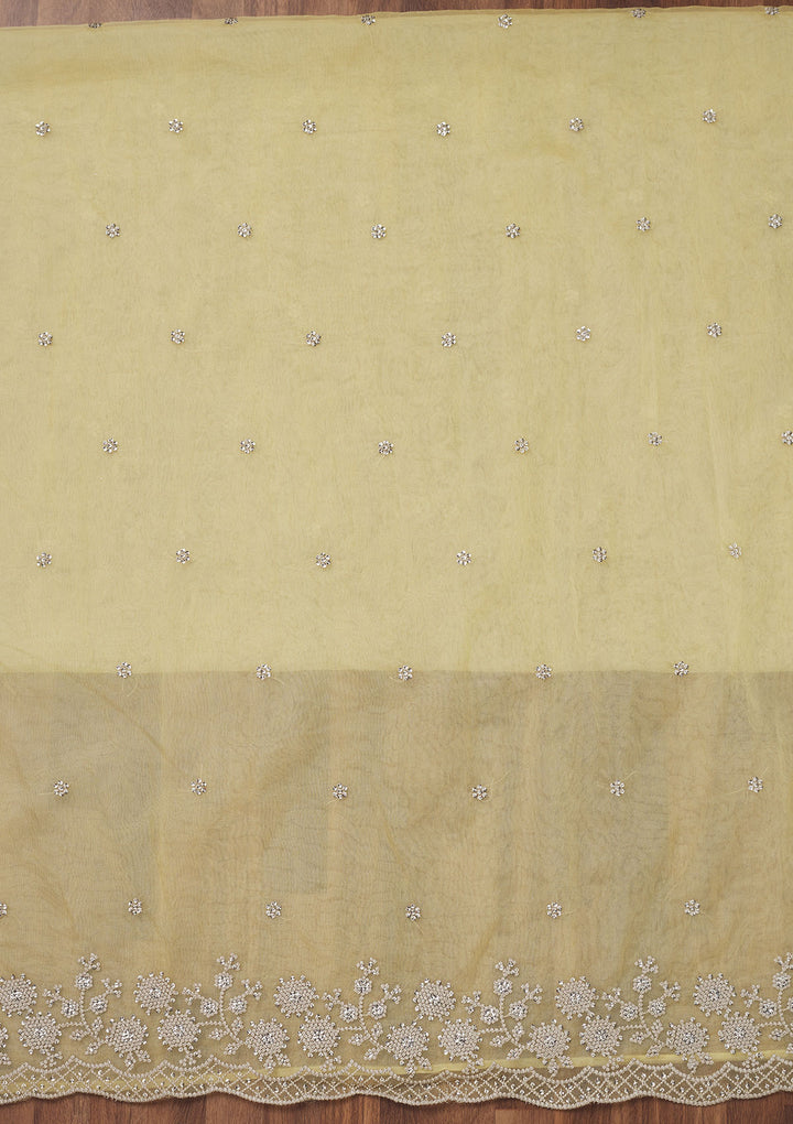 Lemon Yellow Tissue Threadwork Unstitched Dress Material With Matching Bottom And Dupatta