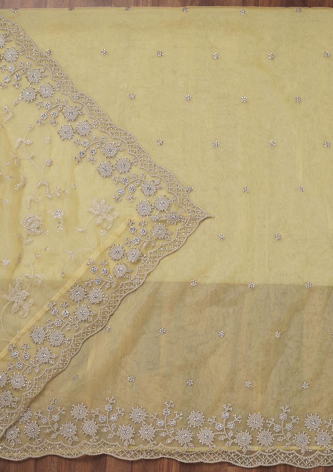 Lemon Yellow Tissue Threadwork Unstitched Dress Material With Matching Bottom And Dupatta