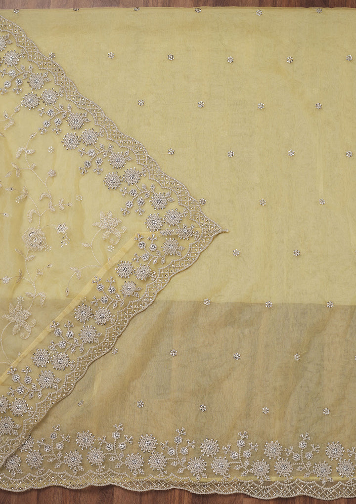 Lemon Yellow Tissue Threadwork Unstitched Dress Material With Matching Bottom And Dupatta