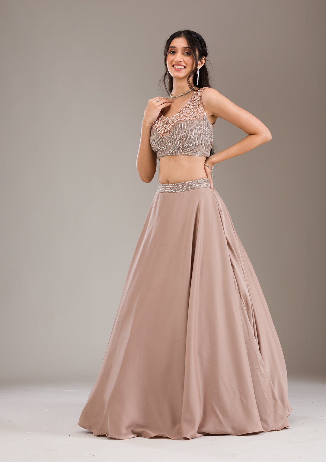 Light Brown Sequins Satin Readymade Lehenga