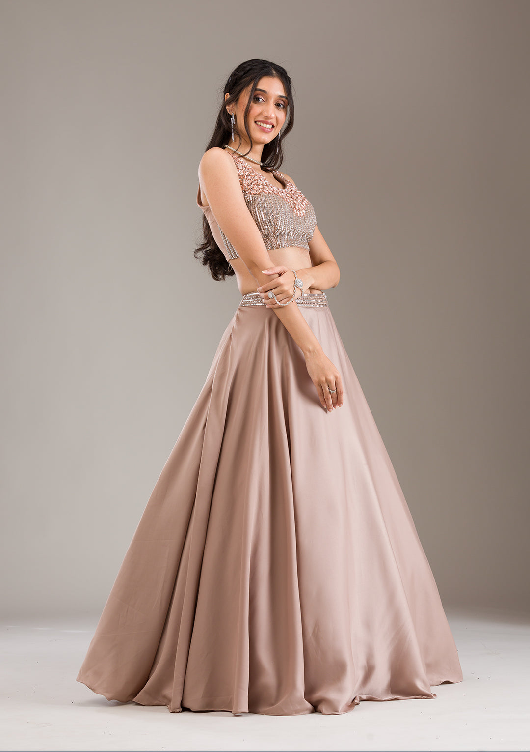 Light Brown Sequins Satin Readymade Lehenga