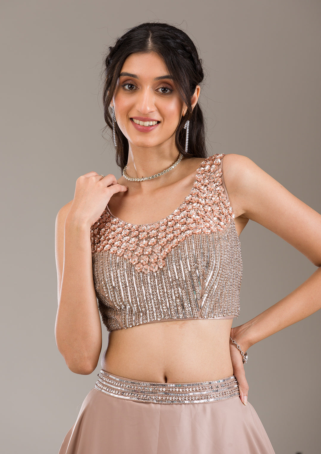 Light Brown Sequins Satin Readymade Lehenga