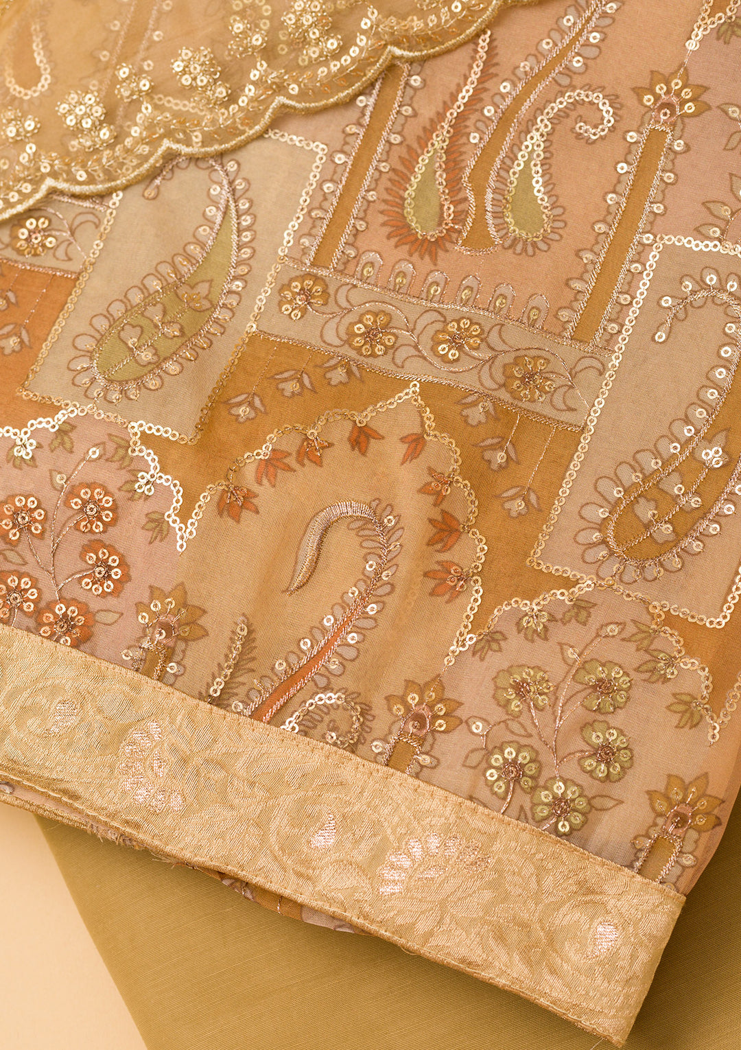 Light Brown Sequins Organza Unstitched Salwar Suit