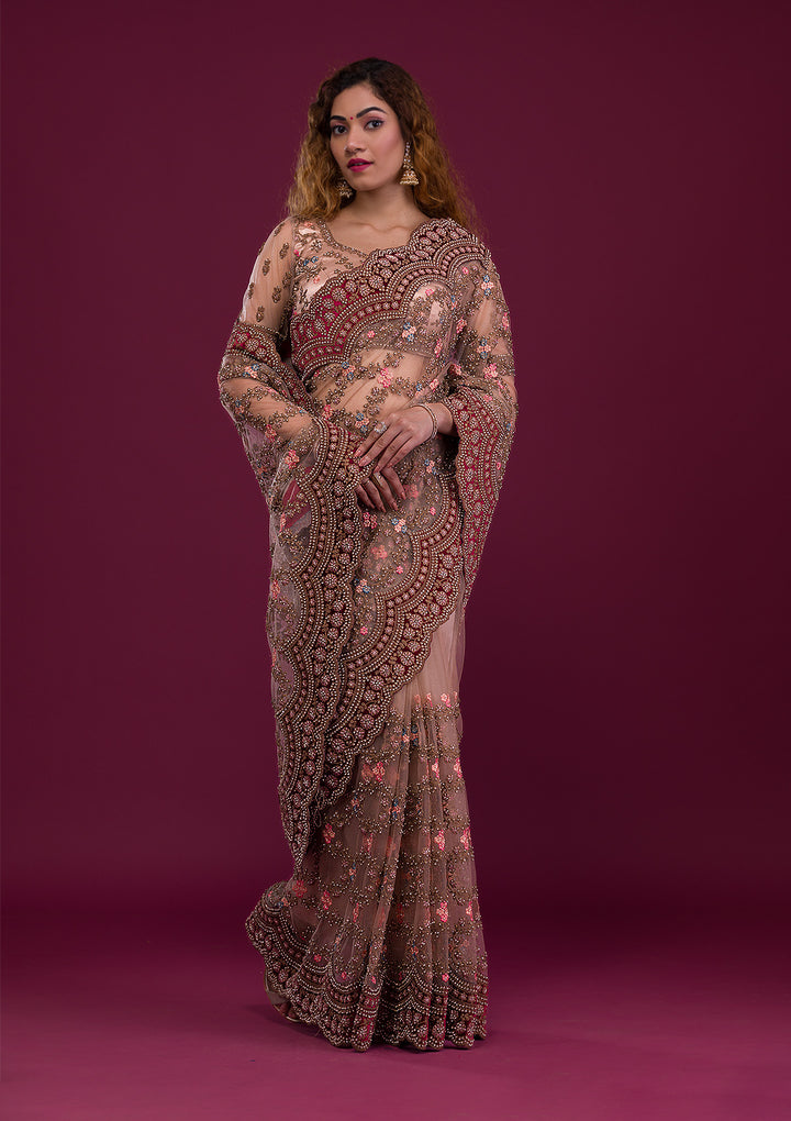 Light Brown Stonework Net Saree-Koskii