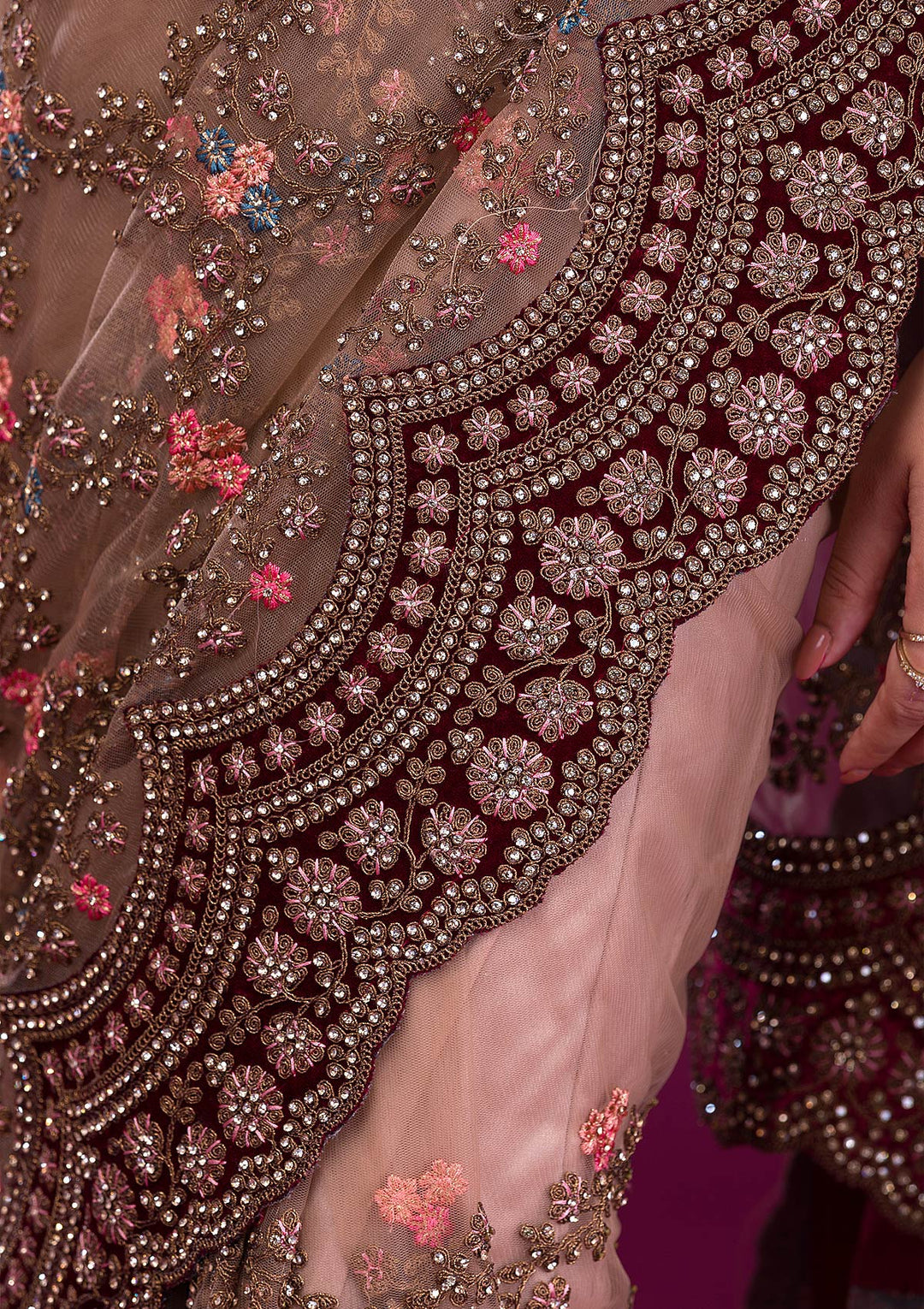 Light Brown Stonework Net Saree