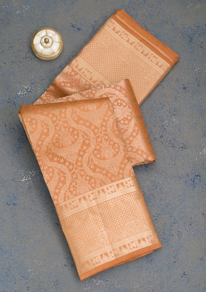 Light Brown Pure Silk Jaal Zariwork Saree With Matching Blouse Piece
