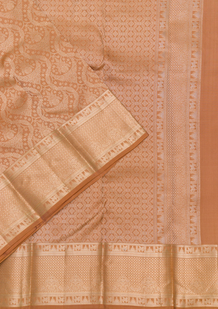 Light Brown Pure Silk Jaal Zariwork Saree With Matching Blouse Piece