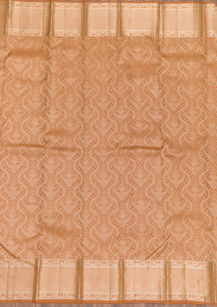 Light Brown Pure Silk Jaal Zariwork Saree With Matching Blouse Piece