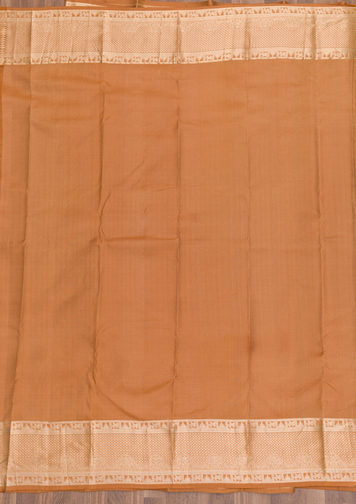Light Brown Pure Silk Jaal Zariwork Saree With Matching Blouse Piece
