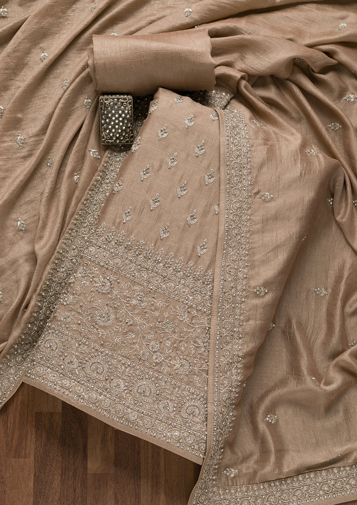 Beige Soft Raw Silk Cording Unstitched Dress Material With Matching Bottom And Dupatta