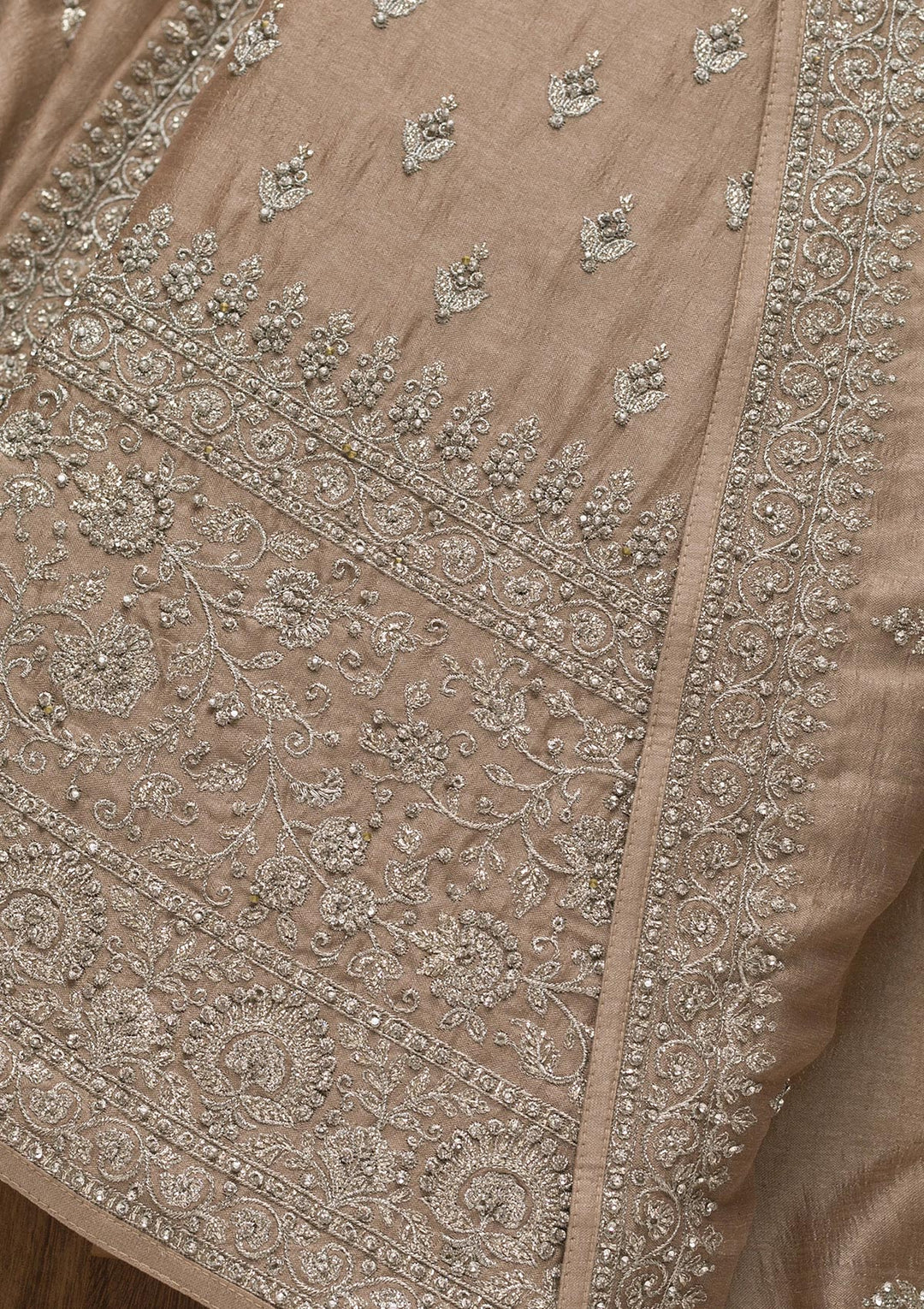 Beige Soft Raw Silk Cording Unstitched Dress Material With Matching Bottom And Dupatta