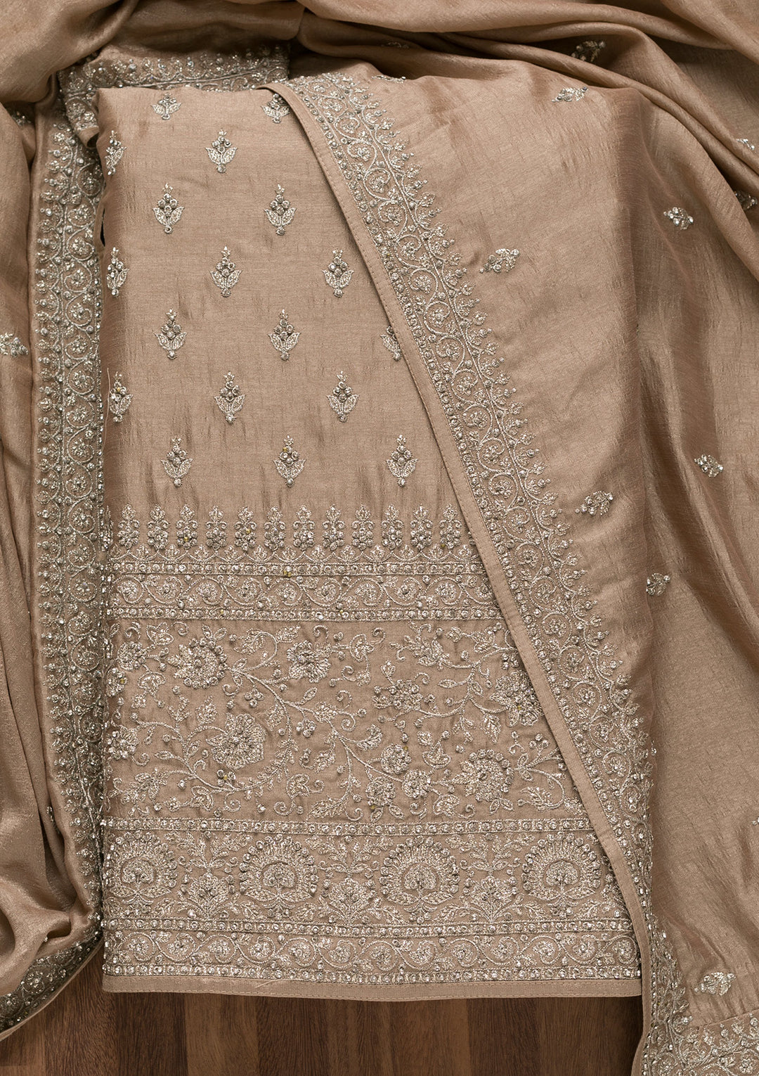 Beige Soft Raw Silk Cording Unstitched Dress Material With Matching Bottom And Dupatta