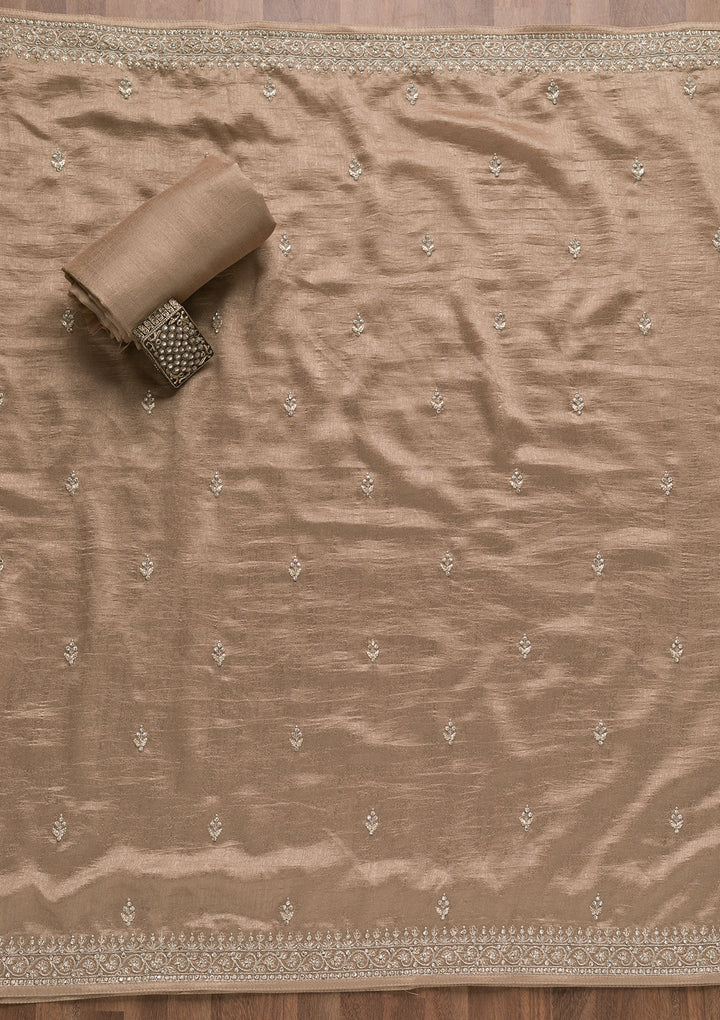 Beige Soft Raw Silk Cording Unstitched Dress Material With Matching Bottom And Dupatta