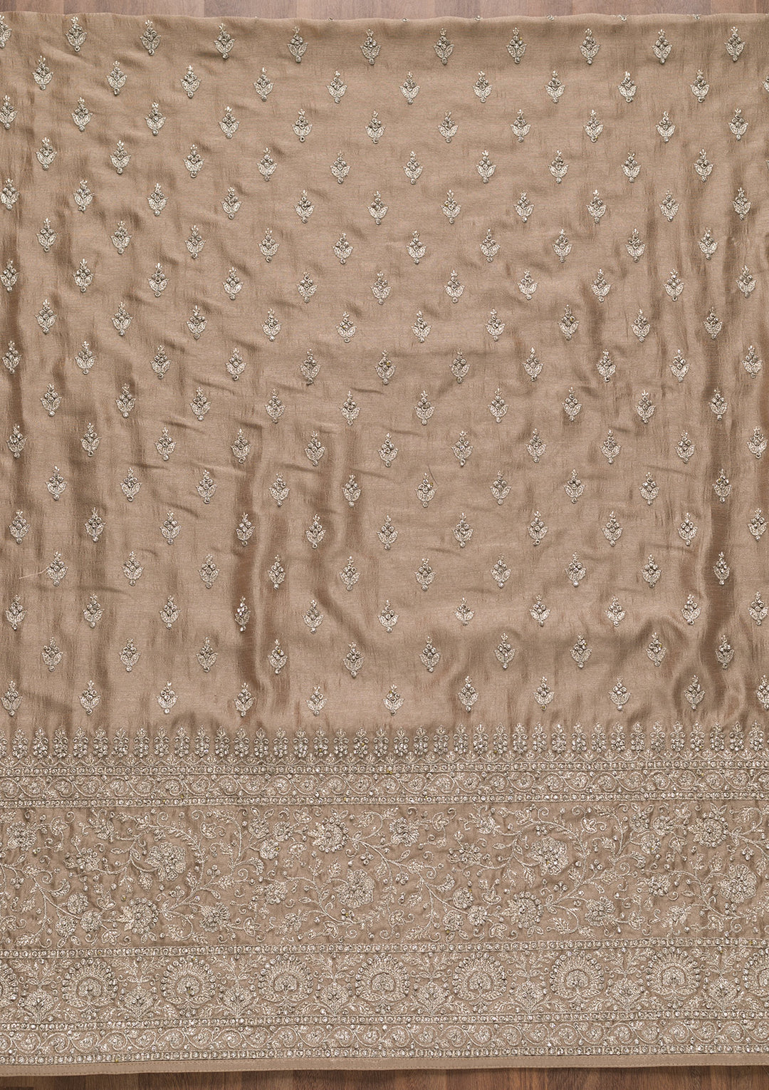 Beige Soft Raw Silk Cording Unstitched Dress Material With Matching Bottom And Dupatta
