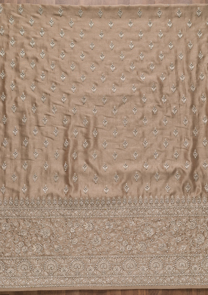 Beige Soft Raw Silk Cording Unstitched Dress Material With Matching Bottom And Dupatta