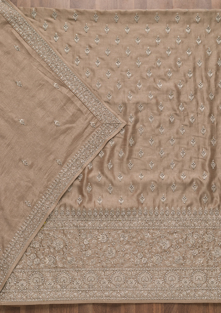 Beige Soft Raw Silk Cording Unstitched Dress Material With Matching Bottom And Dupatta