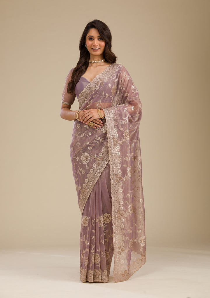 Light Brown Tissue Gold Zariwork Saree With Matching Blouse Piece