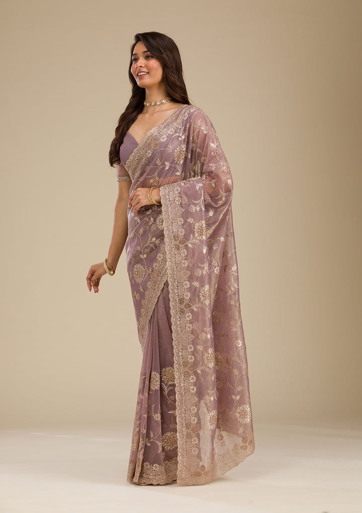 Light Brown Tissue Gold Zariwork Saree With Matching Blouse Piece