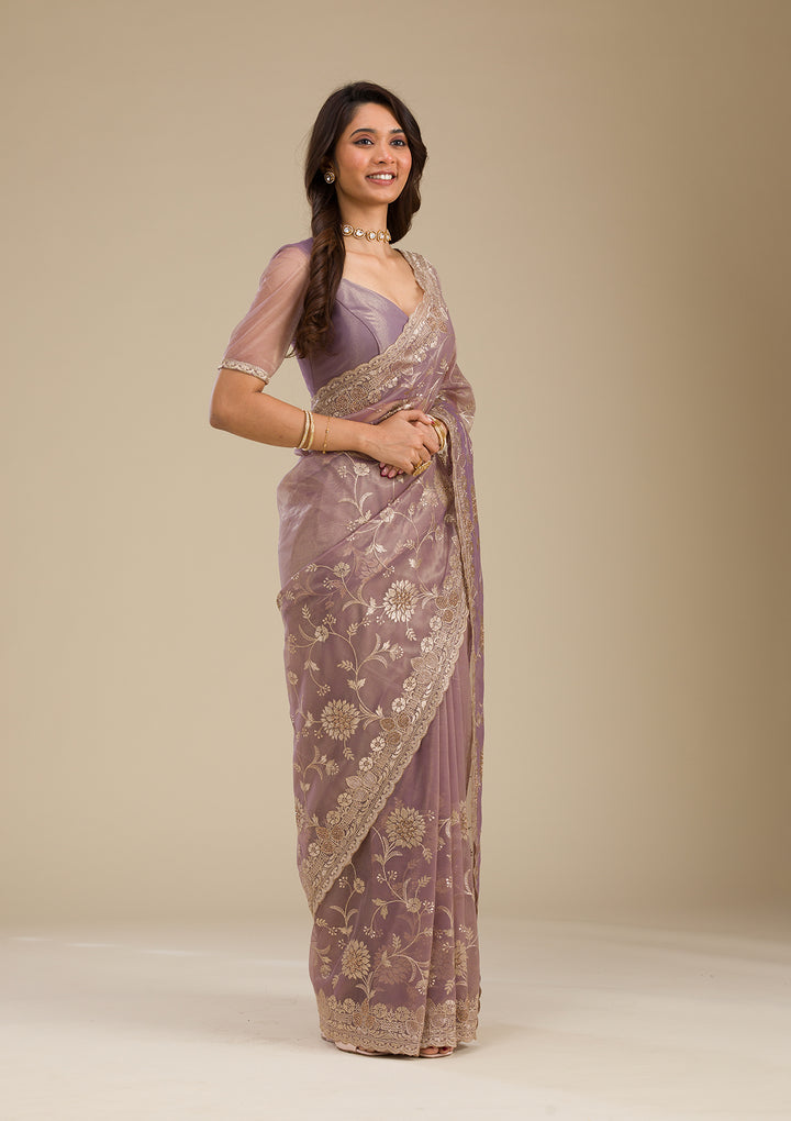 Light Brown Tissue Gold Zariwork Saree With Matching Blouse Piece