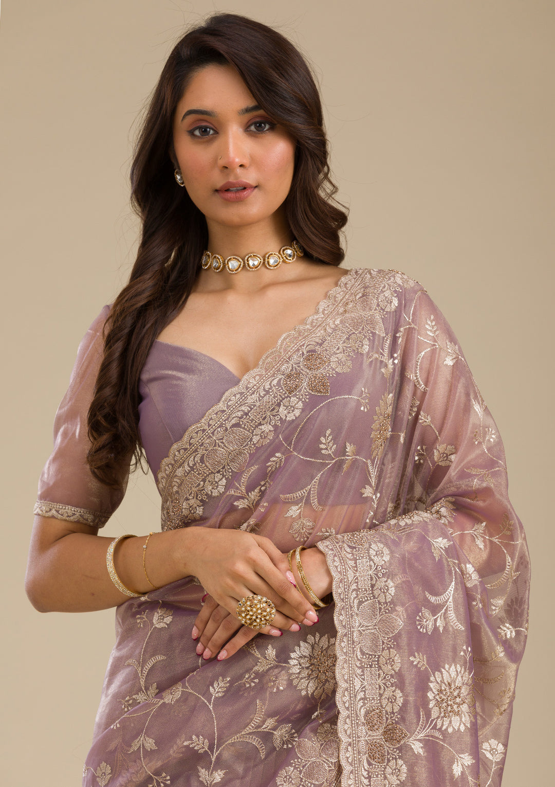 Light Brown Tissue Gold Zariwork Saree With Matching Blouse Piece