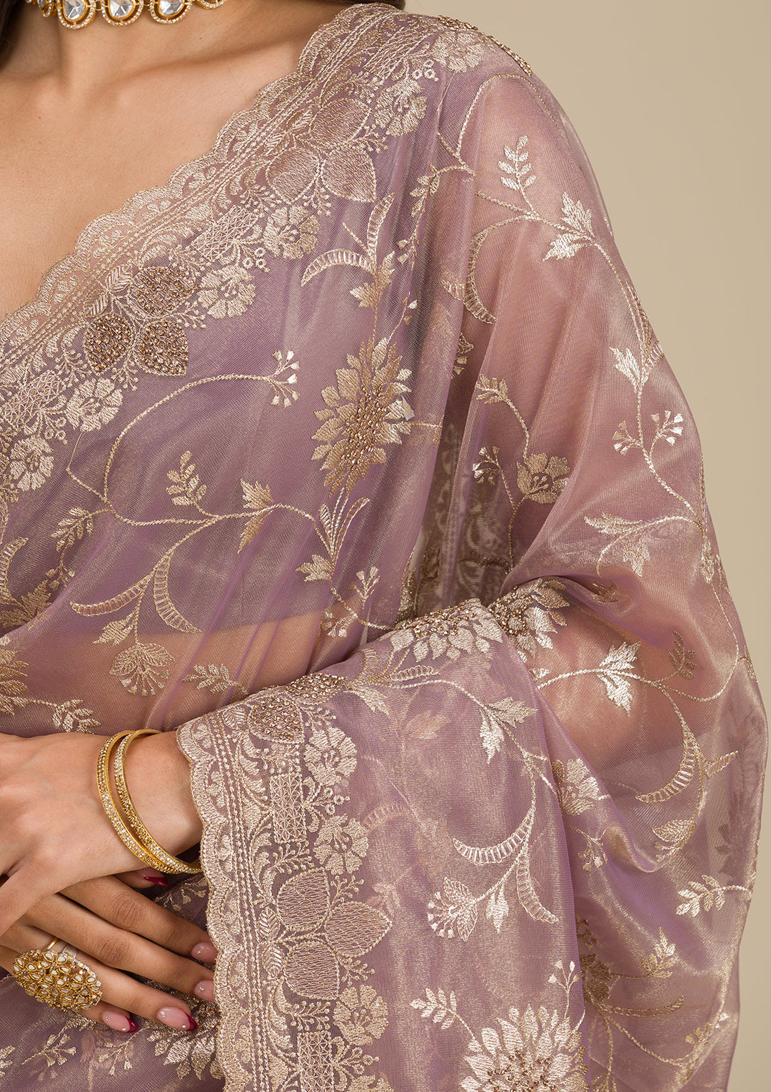 Light Brown Tissue Gold Zariwork Saree With Matching Blouse Piece