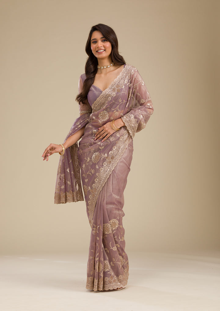 Light Brown Tissue Gold Zariwork Saree With Matching Blouse Piece