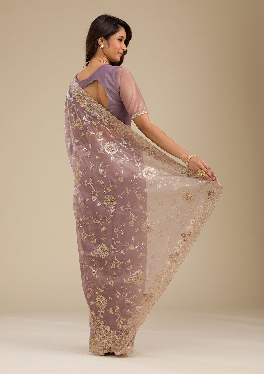 Light Brown Tissue Gold Zariwork Saree With Matching Blouse Piece