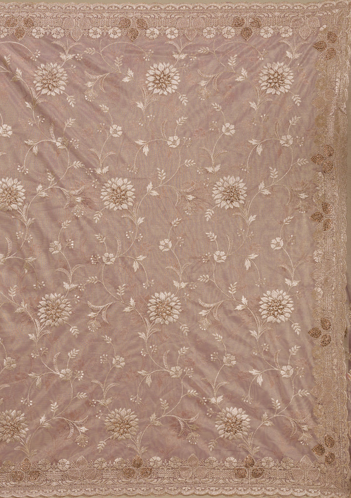 Light Brown Tissue Gold Zariwork Saree With Matching Blouse Piece