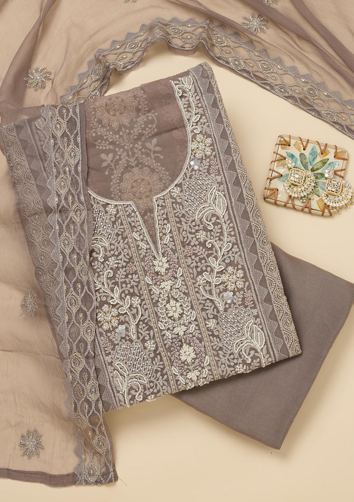 Light Grey Georgette Chikankari Unstitched Dress Material With Matching Bottom And Dupatta