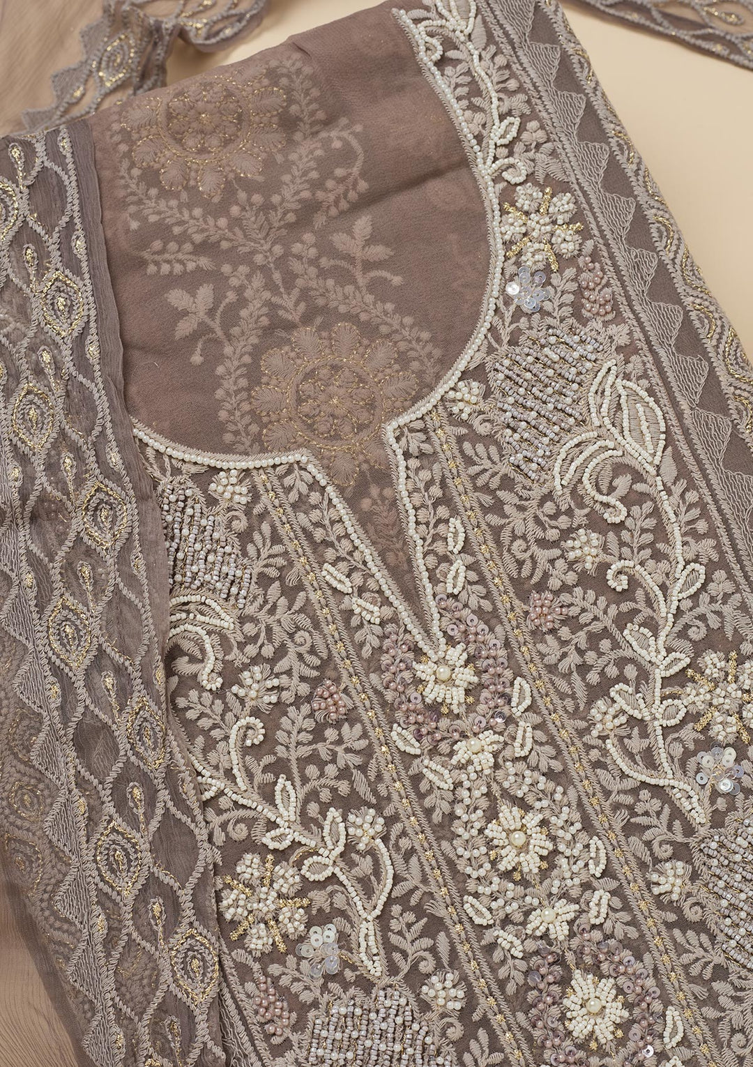Light Grey Georgette Chikankari Unstitched Dress Material With Matching Bottom And Dupatta