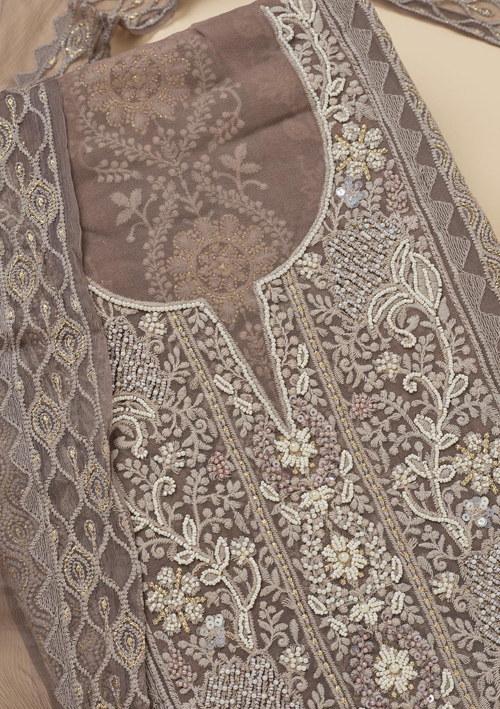 Light Grey Georgette Chikankari Unstitched Dress Material With Matching Bottom And Dupatta