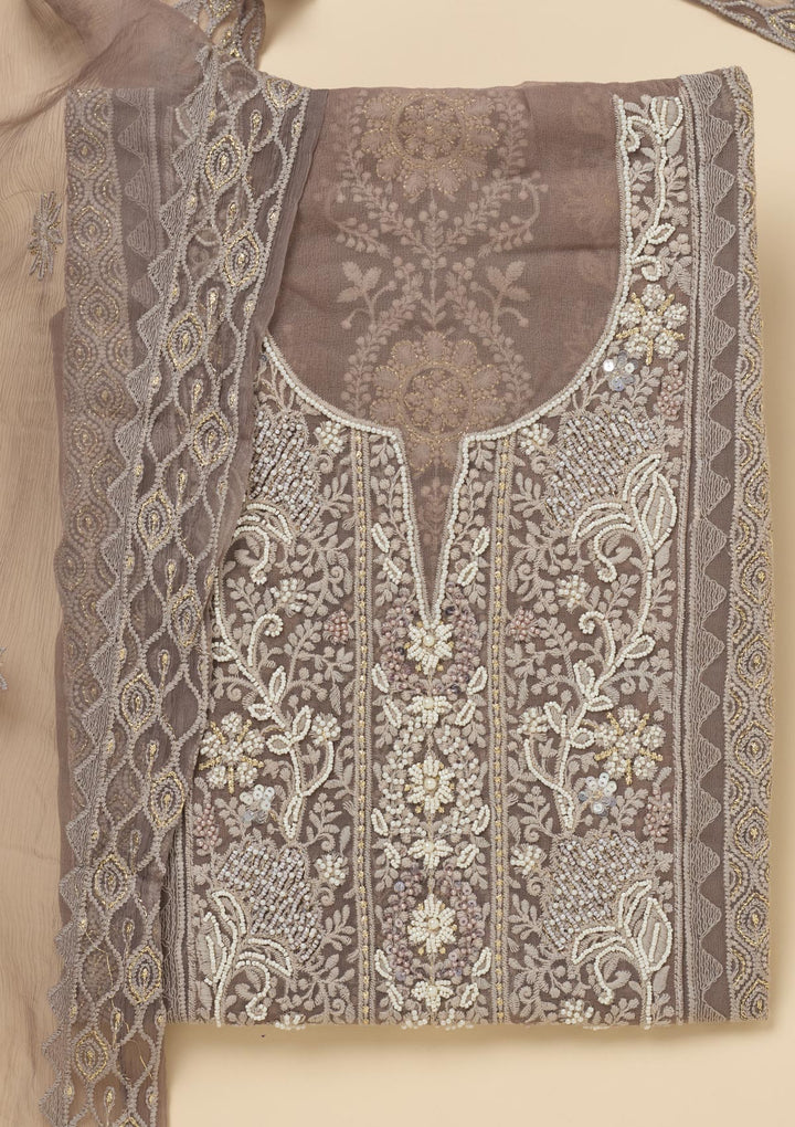 Light Grey Georgette Chikankari Unstitched Dress Material With Matching Bottom And Dupatta